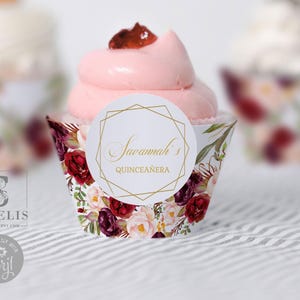 EDITABLE Template Burgundy Marsala Quinceañera Cupcake Wrappers, Liners, Quince, 15th Birthday,Party Favors, Instant Download,Digital, QU062