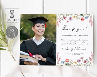 Editable Template Wildflower Thank you Card, Photo card, Graduation, Wildflowers, Thank you Note, Printable, Instant Download, SU059