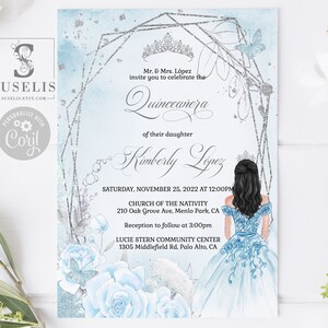 EDITABLE Quinceanera Invitation Template, Baby Blue Flowers, Sweet 16, Mis Quince, 15th Birthday, Printable, Instant Download, QU174