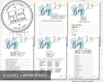 Printable Baby Boy Shower Game Bundle, 6 Games,  Dusty Blue Footprints Theme, Game Pack, Instant Download, Package, DIGITAL FILE, BS147