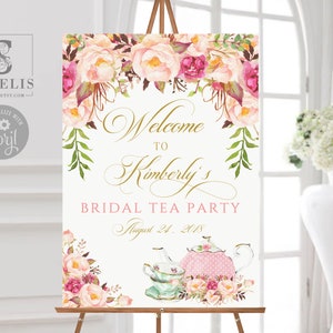 Editable Welcome to Tea Party, Bridal Shower sign, Signage, Tea Party Theme, Watercolor Flowers, Corjl Template, Instant Download, DIGITAL