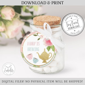 Printable, Baby is Brewing Tags, Tea Party Theme, Baby Shower, Favor Tags, Stickers, Instant Download, Shabby, Floral, Tea pot DIGITAL BS007
