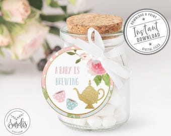 Printable, Baby is Brewing Tags, Tea Party Theme, Baby Shower, Favor Tags, Stickers, Instant Download, Shabby, Floral, Tea pot DIGITAL BS007