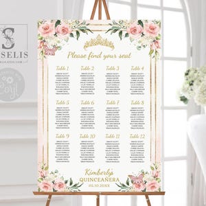 EDITABLE Template Seating Chart, Table Plan, Blush Pink Flowers, Quinceañera, 16th Birthday, Wedding, Instant download, Printable QU054B