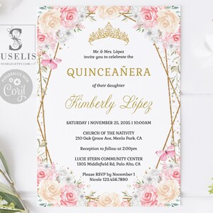 EDITABLE Quinceanera Invitation Template, Blush Pink Champagne Flowers, Butterfly, Sweet 16, Mis Quince, Printable, Instant Download, QU212