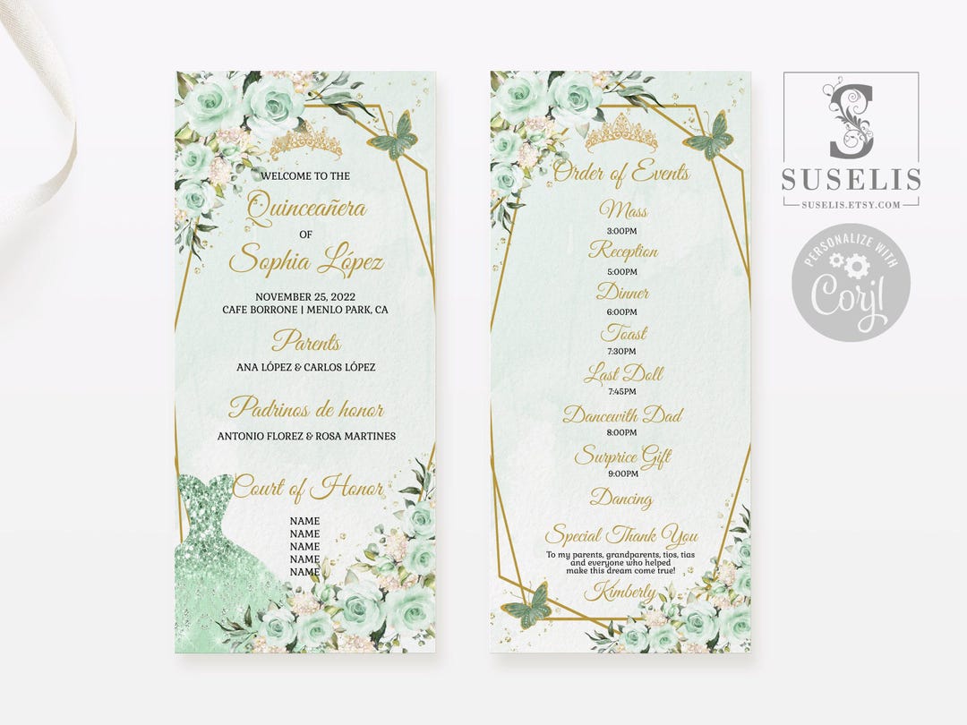 Sweet 16 Program Example EDITABLE Program Template, Sage Green Flowers, Butterfly, Quinceañera ...