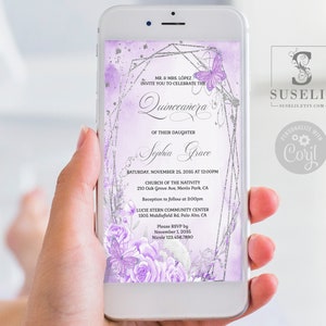 EDITABLE Evite Quinceanera Invitation Template, Purple Flowers, Electronic, iPhone, SMS, Email, Phone, Printable, Instant download, QU069