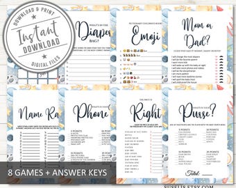Space Baby Shower Games, Set of 8 Game pack, Astronaut, Stars, Houston we have a Boy, Galaxy, Activity, Instant download, DIGITAL, BS201
