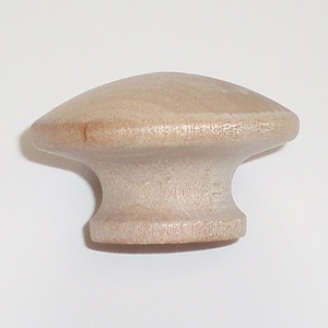 May include: A plain wooden knob with a mushroom-shaped top and a round base.