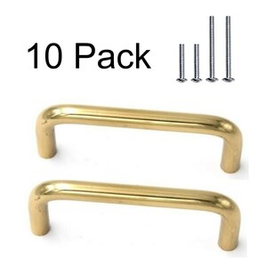 May include: A pack of 10 gold-toned cabinet door pulls with a rounded, D-shaped design. The pulls come with screws for installation.