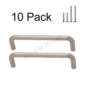 May include: A pack of 10 brushed nickel cabinet pulls with a 3-inch center-to-center measurement. The pulls are shown with screws.