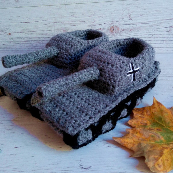 Chaussons de réservoir au crochet Pantoufles de réservoir Cadeaux de petit ami Panzer Hausschuhe Cadeau de fête des pères Panzer 1 Chaussons Tankschuhe Chaussures de réservoir pour lui