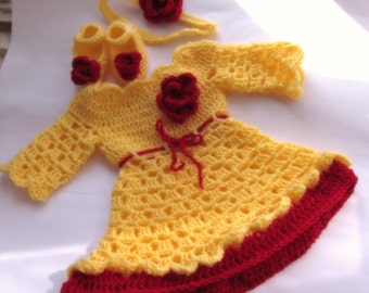 Vestido de bebé, crochet, vestido, vestido amarillo, vestido rojo amarillo, ropa de recién nacido, recién nacido equipo, equipo de fútbol, equipo, regalos de bebé de ganchillo