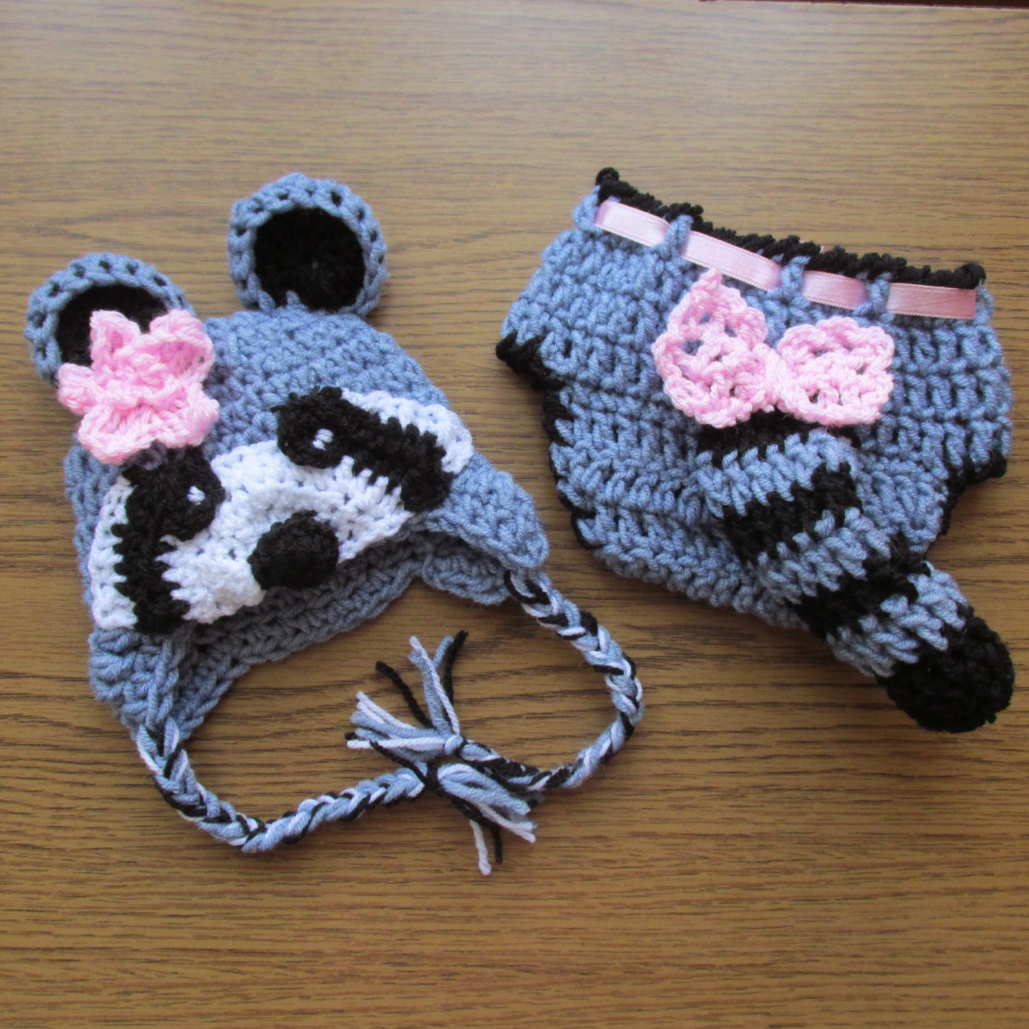 Racoon Crochet Hat and Diaper Cover Set 