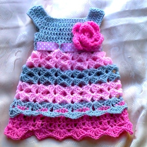 Newborn Girl Dress in Pink Gray With Crochet Flower Infant Clothes Baby ...