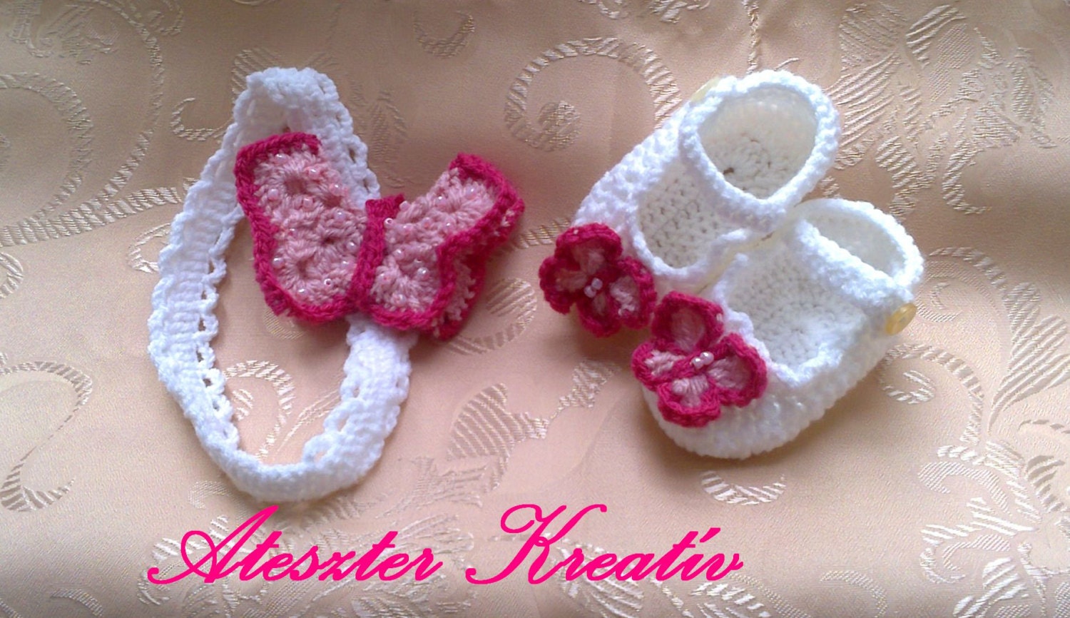 Crochet Baby Shoes and Headband With Pink Butterfly Baby Gifts