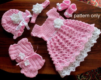 Crochet pattern for baby dress hat bolero shoes and headband 5 patterns in one size newborn to 12 months