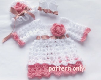 Baby Dress Crochet Pattern and matching Hat and Booties Crochet Instruction