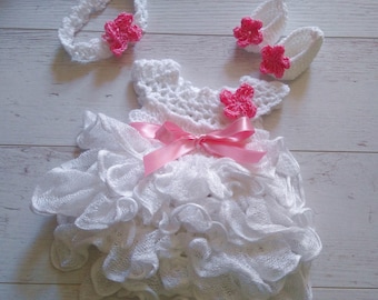 Newborn take home outfit Baby Girl Dress Headband shoes in white and  pink , ruffle baby dress, Crochet baby dress, handmade baby