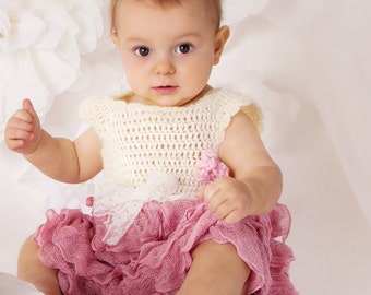First birthday dress Ivory and dusty pink baby dress, wedding baby outfit, baby frock with ruffles, baby girl crochet dress