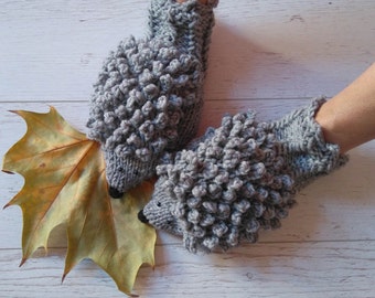 Mitones de erizo tejidos a mano: guantes grises de invierno para mujer