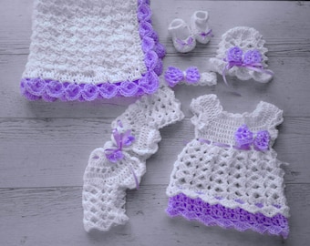 Baby Girl Coming home outfit in white and purpe, newborn girl clothing set, hospital baby girl first outfit
