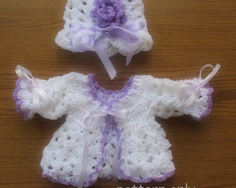 Baby cardigan pattern, crochet baby cardigan, baby girl sweater, baby hat pattern, crochet baby hat, white baby cardigan, infant crochet