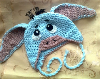 Gehäkelte Mütze Eeyore, Eeyore Mütze, Tier-Hut, Ear Flap Hut, Baby Mütze, Foto-Prop, Babygeschenk, Neugeborenen Hut