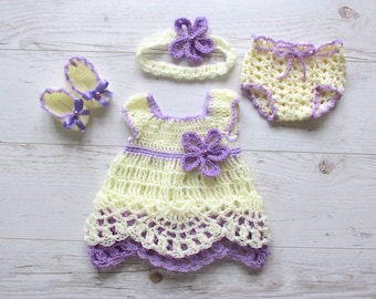 Crochet baby girl outfit in cream purple baby dress, diaper cover, hat, shoes and headband, baby girl dress, newborn dress, newborn clothes