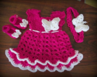 Crochet bebé vestido de bebé niña vestido recién nacido primer outfit rosa bebé traje mariposa diadema volante bebé bebé diadema infantil Vestido