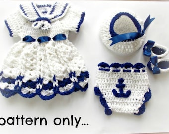 Crochet Dress Pattern Nautical Sailor Dress Crochet Pattern Crochet Sailor Dress Baby Crochet Pattern Sailor Dress Baby sailor outfit