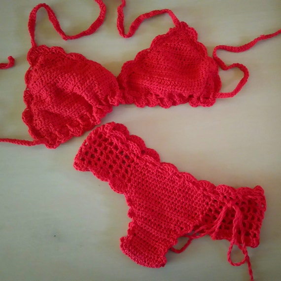 Red Crochet Bikini top and Brazilian bottom Swimwear | Etsy