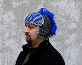 Knight hat, crochet winter hat, blue and gray crochet helmet, mens christmas gift, college student gift