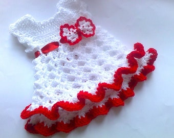 Crochet Baby Dress: Red & White Newborn Outfit with Beaded Bow