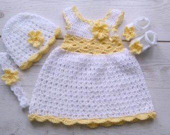 Crochet dress  baby dress set in white and yellow dress hat shoes headband  take home hospital matinee infant frock newborn dress