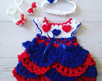 4th of July baby  girl dress with little hearts, headband and crochet booties , red white and blue newborn girl dress, patriotic baby girl