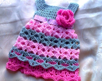 Baby Girl dress in grey and pink, crochet baby dress, chevron baby dress