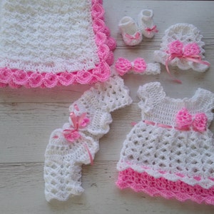 White Baby Outfit Baby Dress Blanket Hat Headband Bolero Shoes in White ...