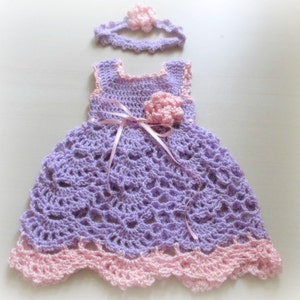 Baby girl bring home dress, crochet baby outfit, crochet infant outfit, headband, purple baby dress, baby gifts, baby dress headband