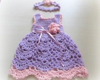 Baby girl bring home dress, crochet baby outfit, crochet infant outfit, headband, purple baby dress, baby gifts, baby dress headband