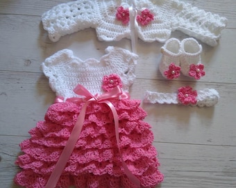 Baby dress in white and fuchsia , matching bolero, shoes, headband , newborn girl frock,  crochet infant clothes