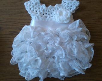 Christening baby dress white with ruffles and crochet flower baptism dress, Newborn first outfit