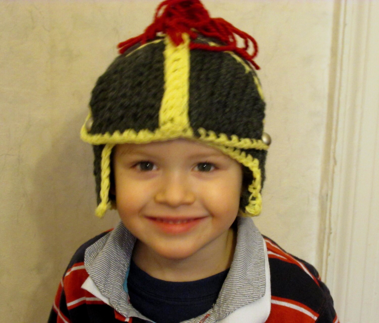Crochet Knight Helmet in Dark Gray Yellow Red Baby Hat Etsy