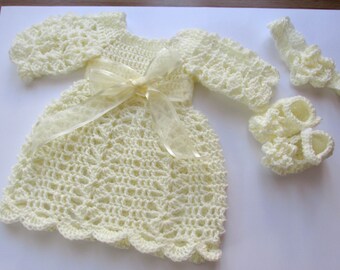 baby dress  headband shoes  in cream  colors first outfit take home hospital infant frock newborn dress