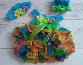 Rainbow candyland Baby Girl Dress Headband shoes Newborn take home outfit , ruffle baby dress, Crochet baby dress, handmade baby