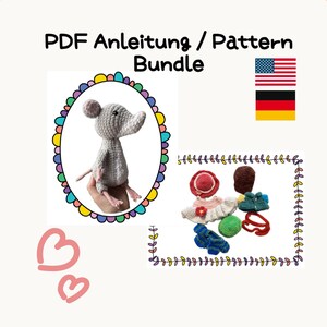 May include: PDF pattern bundle for crocheting a gray mouse with pink ears and a set of crocheted outfits in various colors, including a pink dress, a blue shirt, a green hat, and a brown hat. The image includes the text "PDF Anleitung / Pattern Bundle" and flags for the United States and Germany.