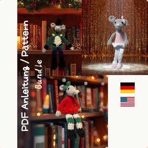 May include: A bundle of crochet mouse patterns. The image shows three handmade crochet mice in different outfits. One mouse is dressed in a green and black military-style outfit, another in a pink and white ballerina outfit, and the third in a red and green outfit.