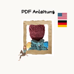 May include: A PDF instruction guide for crocheting a burgundy hat and a teal blue jacket with yellow and blue accents. The image also includes a cartoon illustration of a person sitting on the floor.