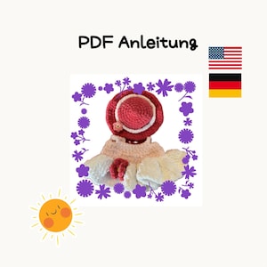May include: PDF instructions for crocheting a pink and white dress with a red hat. The dress has a ruffled skirt and the hat has a white trim. The image is surrounded by purple flowers.