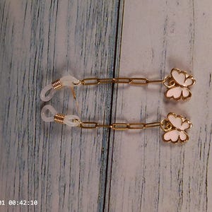 White Butterfly Eyeglass Charms, Clear Connectors, 5 Link Gold Chain